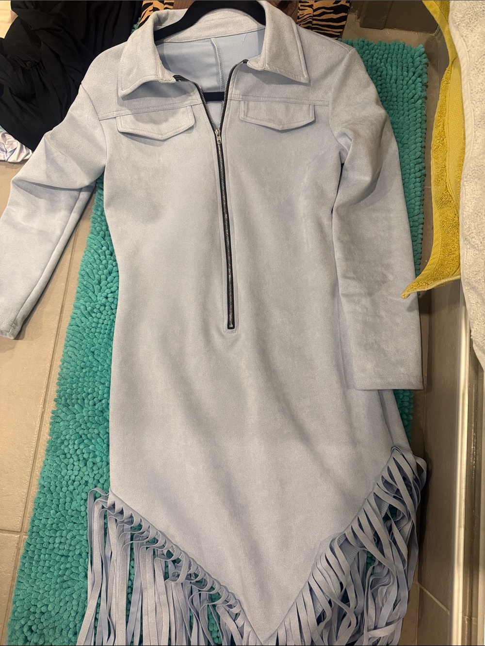 Womens Light Blue Long-Sleeve Fringe Dress with Zip Collar